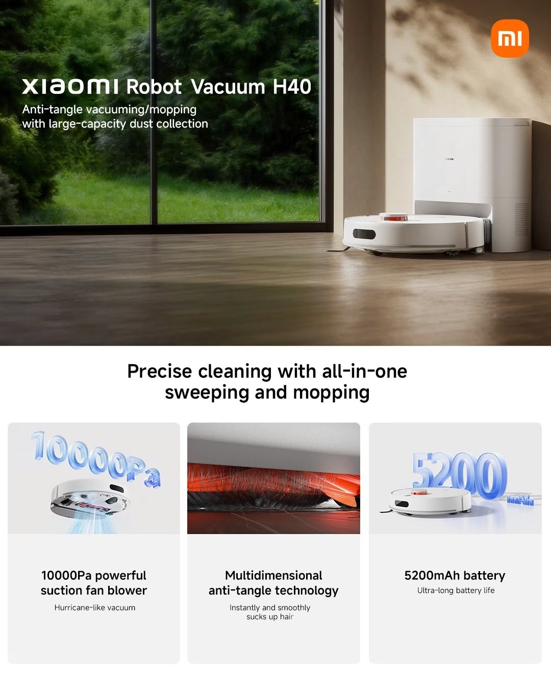 Power meets precision with the Xiaomi Robot Vacuum H40 π€β¨ 10000Pa ultra-powerful suction π¨ for deep cleaning Anti-tangle technology π β no more hair hassles All-in-one sweeping & mopping π§Ήπ§ for